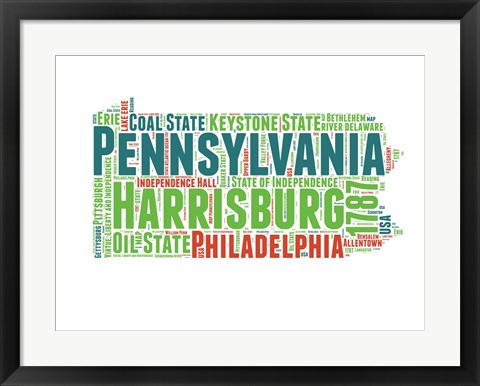 Framed Pennsylvania Word Cloud Map Print