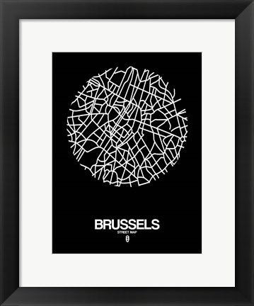 Framed Brussels Street Map Black Print
