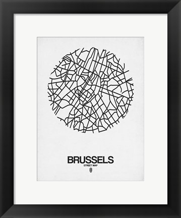 Framed Brussels Street Map White Print