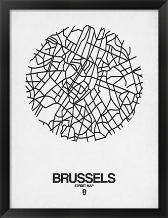 Framed Brussels Street Map White Print