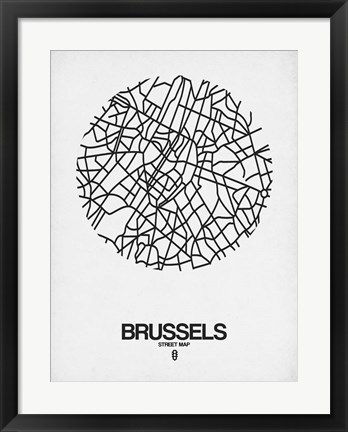 Framed Brussels Street Map White Print