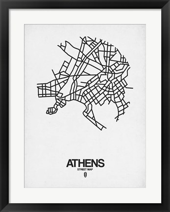 Framed Athens Street Map White Print