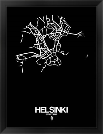 Framed Helsinki Street Map Black Print