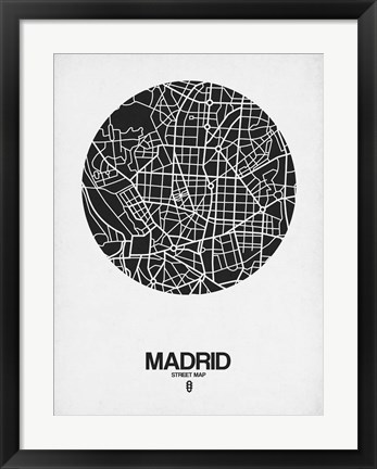 Framed Madrid Street Map Black on White Print