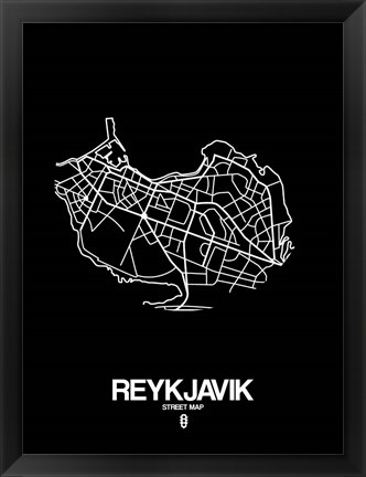 Framed Reykjavik Street Map Black Print