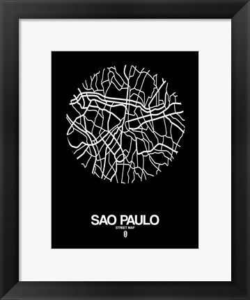 Framed Sao Paulo Street Map Black Print