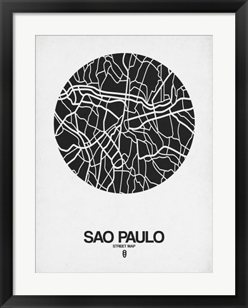 Framed Sao Paulo Street Map Black on White Print