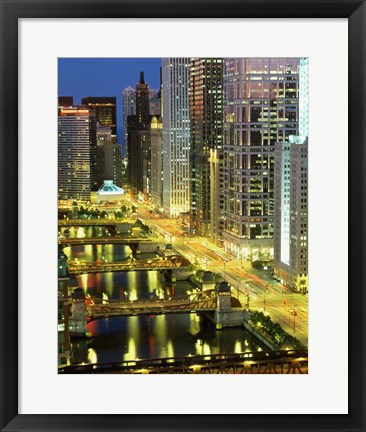 Framed Skyscrapers at Night, Chicago River, Illinois Print