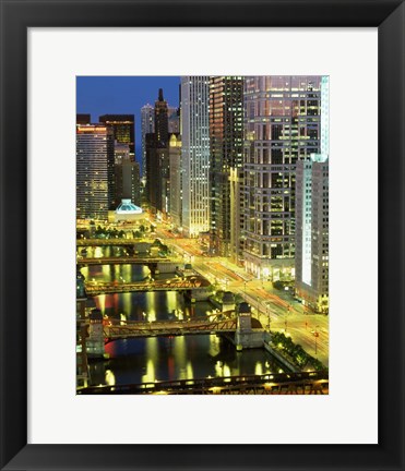 Framed Skyscrapers at Night, Chicago River, Illinois Print