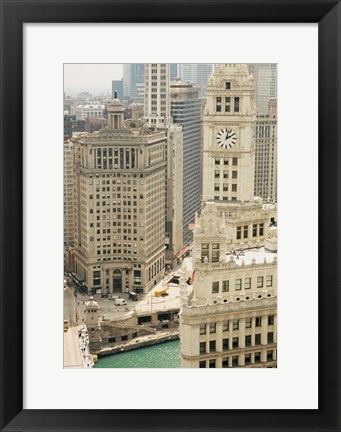 Framed Clock tower along a river, Wrigley Building, Chicago River, Chicago, Illinois, USA Print