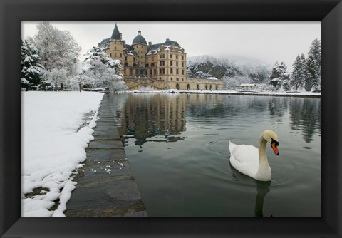 Framed Chateau de Vizille, Swan lake, France Print