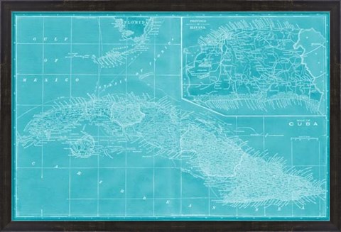 Framed Map of Cuba in Aqua Print