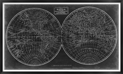 Framed Blueprint of the World in Hemispheres Print