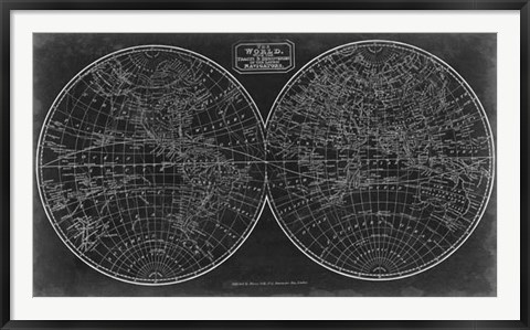 Framed Blueprint of the World in Hemispheres Print