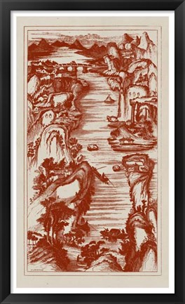 Framed Chinese Bird&#39;s-eye View in Red II Print