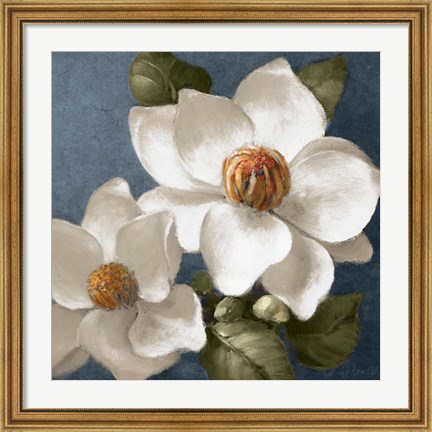 Framed Magnolias on Blue II Print