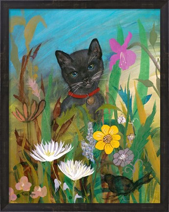 Framed Cat in the Garden Print