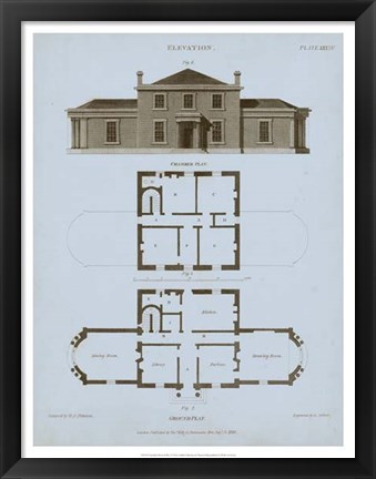 Framed Chambray House &amp; Plan I Print