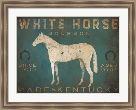 Framed White Horse with Words Blue Print