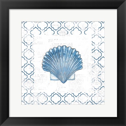 Framed Navy Scallop Shell on Newsprint Print