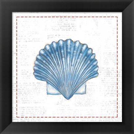 Framed Navy Scallop Shell on Newsprint with Red Print