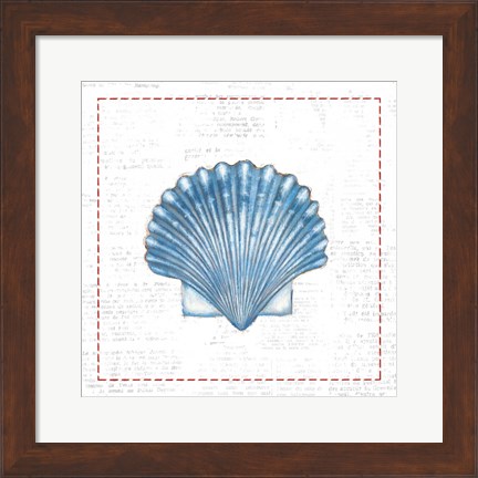 Framed Navy Scallop Shell on Newsprint with Red Print