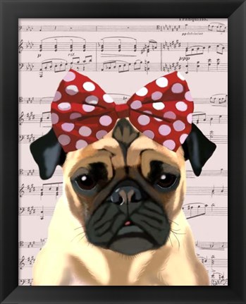 Framed Pug with Red Spotty Bow On Head Print