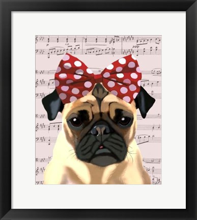 Framed Pug with Red Spotty Bow On Head Print