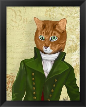 Framed Ginger Cat in Green Coat Print