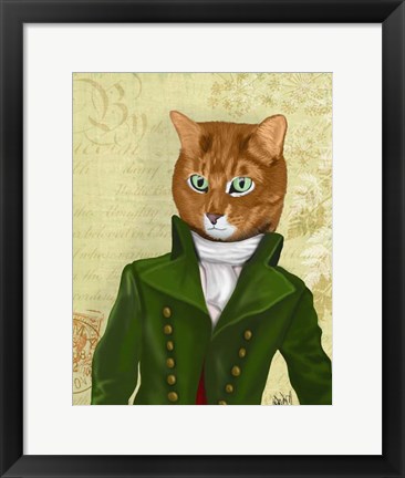 Framed Ginger Cat in Green Coat Print