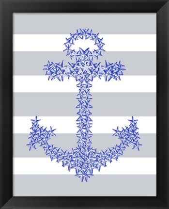 Framed Blue Starfish Anchor on Grey and White Print