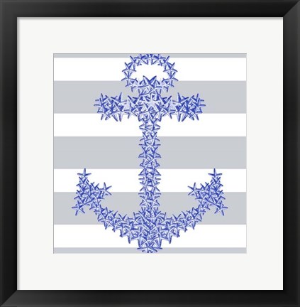 Framed Blue Starfish Anchor on Grey and White Print