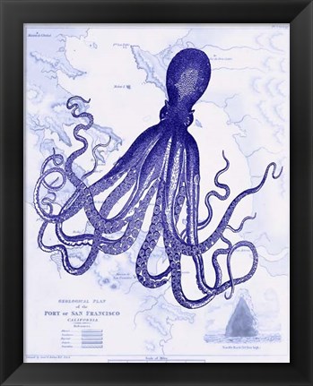 Framed Blue Octopus 1 on Nautical Map Print