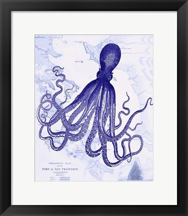 Framed Blue Octopus 1 on Nautical Map Print