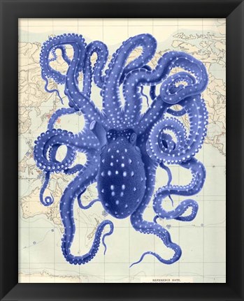 Framed Blue Octopus 2 on Nautical Map Print