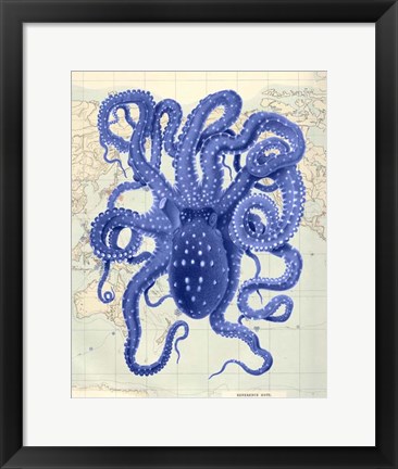 Framed Blue Octopus 2 on Nautical Map Print