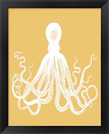 Framed Octopus 1 White On Mustard Print