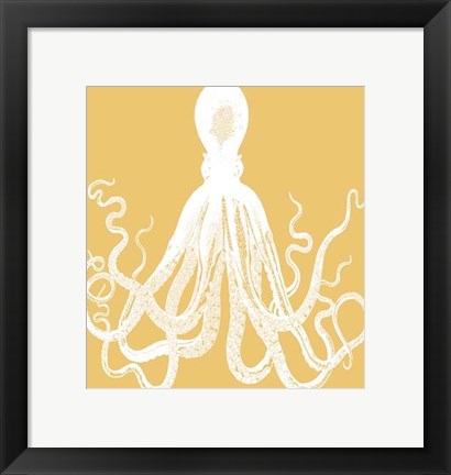 Framed Octopus 1 White On Mustard Print