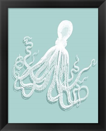 Framed Octopus 1 White on Seafoam Print