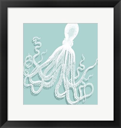 Framed Octopus 1 White on Seafoam Print