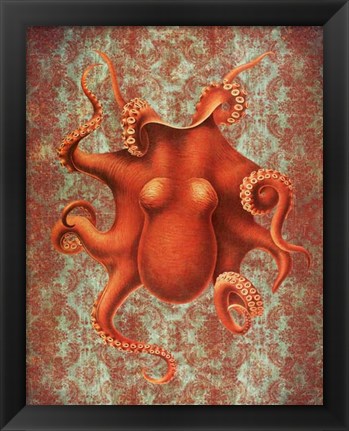 Framed Octopus 4 Red Damask Print