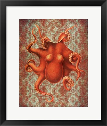 Framed Octopus 4 Red Damask Print