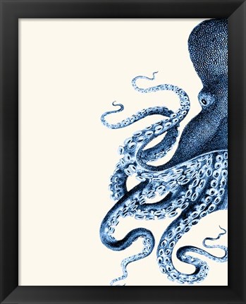 Framed Octopus Navy Blue and Cream a Print