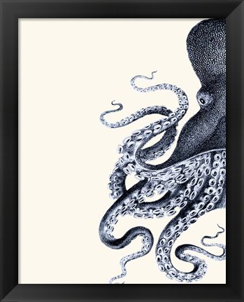 Framed Octopus Indigo Blue and Cream a Print