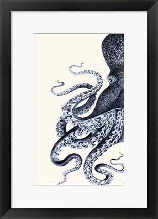 Framed Octopus Indigo Blue and Cream a Print