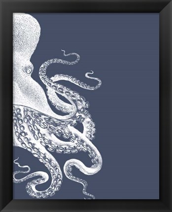 Framed Octopus Indigo Blue and Cream b Print