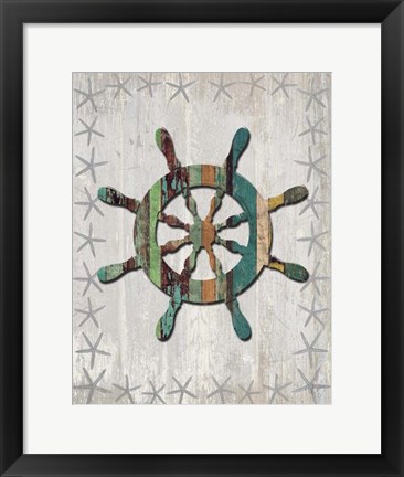 Framed Distressed Wood Style Ships Wheel 1 Print