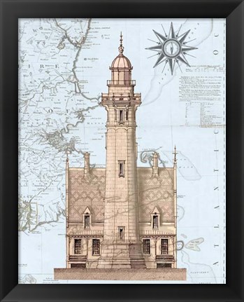 Framed Lighthouse &amp; House on Nautical Map Print