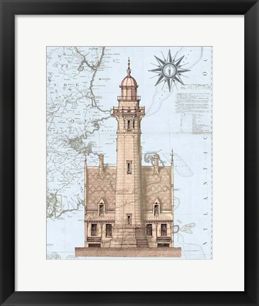 Framed Lighthouse &amp; House on Nautical Map Print