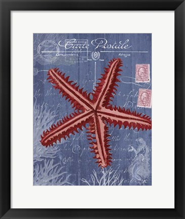 Framed Seaside Postcard Red on Blue a Print